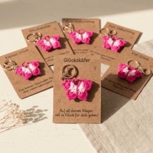 Schlüsselanhänger Glücksbringer Abschiedsgeschenk, gehäkelter Schmetterling Anhänger mit Karte, kleines Geschenk, Geburtstagsgeschenk