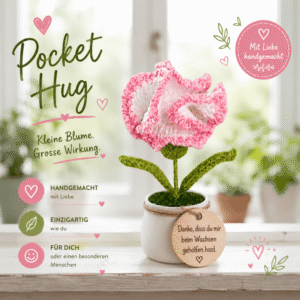 Personalisierter Pocket Hug Blume gehäkelt, Mutmacher mit Holzgravur, Geschenk zur Genesung