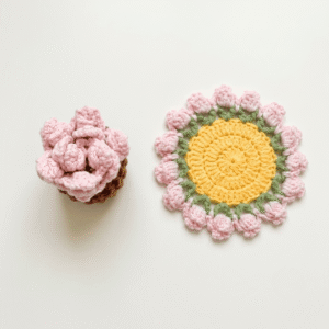 Gehäkelter Blumen Untersetzer mit Korb, Flower Pot Coaster, Tischdeko Blume, handgemachter Crochet Flower Coaster